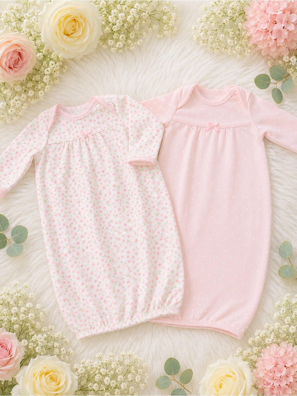 Little Me Baby Girl Pink Floral and Solid Pink Gown Set